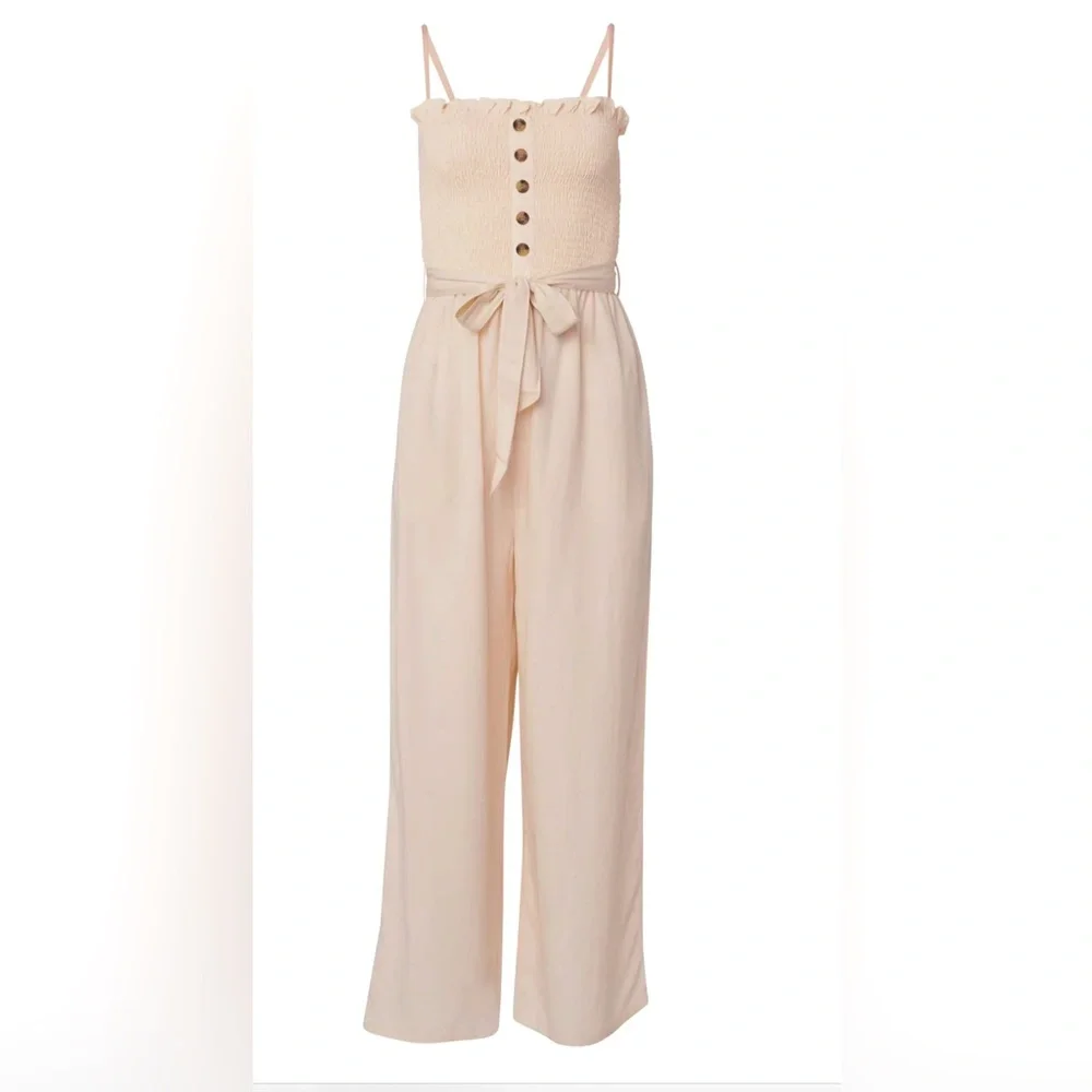 VENUS Smocked Linen Jumpsuit w. Pockets | Cream | Size 8 - Picture 2 of 9